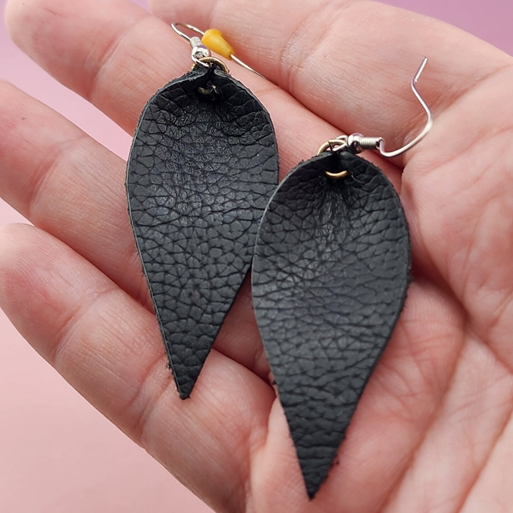 Black Textured Leather Look Teardrop Earrings Silver Tone Fish Hook Gothic Boho